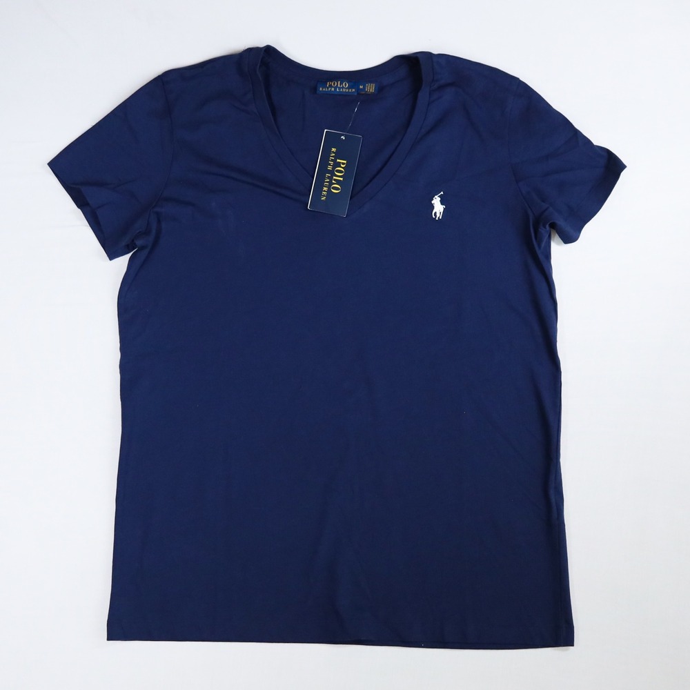 Polo Ralph Lauren T-Shirt Womens Medium Navy Blue V-Neck Cotton Pony Logo NWT